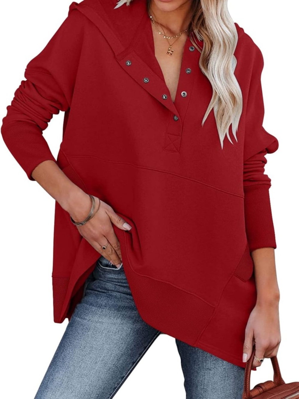 Relaxed Red Snap-Button Hooded Pullover Sweatshirt